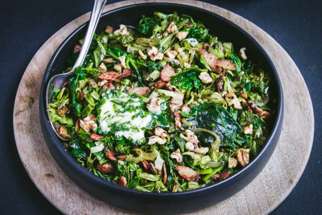 Sprout Tops & Cabbage with Bacon and Walnuts